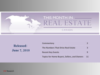 Released: June 7, 2010 Commentary 2 The Numbers That Drive Real Estate 3 Recent Key Events 9 Topics for Home Buyers, Sellers, and Owners 11 