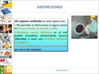 DEFINICIONES
Ing. Fredy Ceras10
Un espacio confinado es todo espacio con:
 No permiten un fácil acceso, ni seguro, tienen
aberturas limitadas de entrada y salida.
 Ventilación natural deficiente, en el cual
pueden acumularse contaminantes tóxicos,
inflamables o tener una atmósfera deficiente
en oxígeno.
 No está diseñado para ocupación continuada
por parte del trabajador.
 