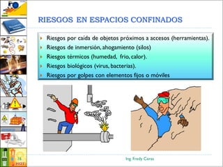 RIESGOS EN ESPACIOS CONFINADOS
Ing. Fredy Ceras16
 Riesgos por caída de objetos próximos a accesos (herramientas).
 Riesgos de inmersión, ahogamiento (silos)
 Riesgos térmicos (humedad, frio, calor).
 Riesgos biológicos (virus, bacterias).
 Riesgos por golpes con elementos fijos o móviles
 