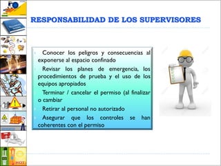  Conocer los peligros y consecuencias al
exponerse al espacio confinado
 Revisar los planes de emergencia, los
procedimientos de prueba y el uso de los
equipos apropiados
 Terminar / cancelar el permiso (al finalizar
o cambiar
 Retirar al personal no autorizado
 Asegurar que los controles se han
coherentes con el permiso
RESPONSABILIDAD DE LOS SUPERVISORES
 