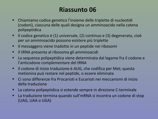Riassunto 06
• Chiamiamo codice genetico l’insieme delle triplette di nucleotidi
(codoni), ciascuna delle quali designa un amminoacido nella catena
polipeptidica
• Il codice genetico è (1) universale, (2) continuo e (3) degenerato, cioè
per un amminoacido possono esistere più triplette
• Il messaggero viene tradotto in un peptide nei ribosomi
• Il tRNA presenta al ribosoma gli amminoacidi
• La sequenza polipeptidica viene determinata dal legame fra il codone e
l’anticodone complementare del tRNA
• Il codone di inizio traduzione è AUG, che codifica per Met; questa
metionina può restare nel peptide, o essere eliminata
• Ci sono differenze fra Procarioti e Eucarioti nei meccanismi di inizio
della traduzione
• La catena polipeptidica si estende sempre in direzione C-terminale
• La traduzione termina quando sull’mRNA si incontra un codone di stop
(UAG, UAA o UGA)
 