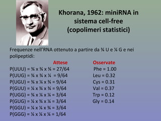 Khorana, 1962: miniRNA in
sistema cell-free
(copolimeri statistici)
Frequenze nell’RNA ottenuto a partire da ¾ U e ¼ G e nei
polipeptidi:
Attese Osservate
P(UUU) = ¾ x ¾ x ¾ = 27/64 Phe = 1.00
P(UUG) = ¾ x ¾ x ¼ = 9/64 Leu = 0.32
P(UGU) = ¾ x ¼ x ¾ = 9/64 Cys = 0.31
P(GUU) = ¼ x ¾ x ¾ = 9/64 Val = 0.37
P(UGG) = ¾ x ¼ x ¼ = 3/64 Trp = 0.12
P(GUG) = ¼ x ¾ x ¼ = 3/64 Gly = 0.14
P(GGU) = ¼ x ¼ x ¾ = 3/64
P(GGG) = ¼ x ¼ x ¼ = 1/64
 