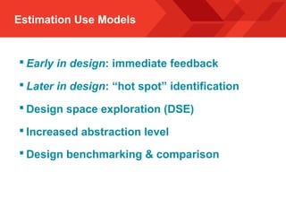 Estimation Use Models
 Early in design: immediate feedback
 Later in design: “hot spot” identification
 Design space exploration (DSE)
 Increased abstraction level
 Design benchmarking & comparison
 