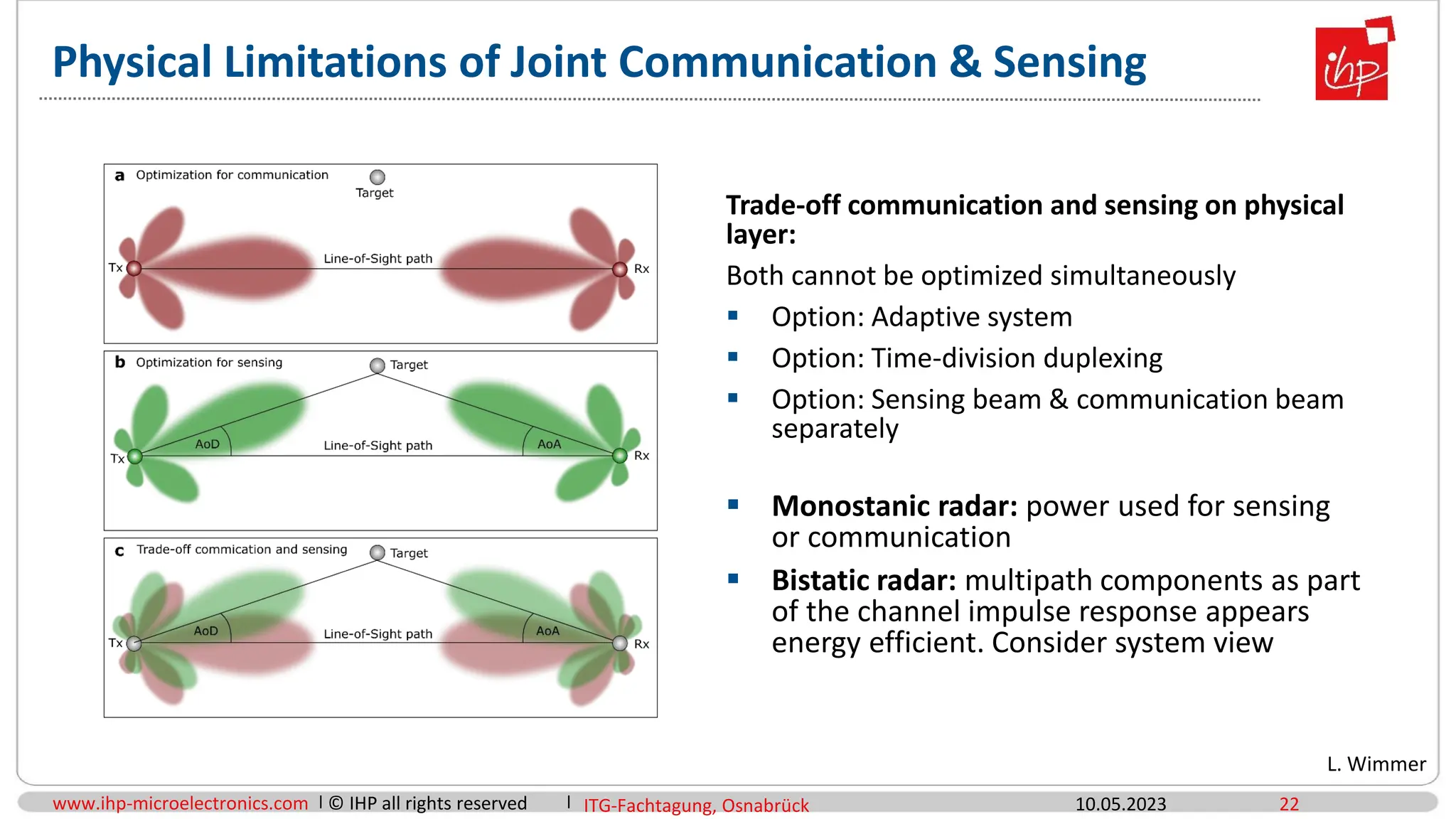 www.ihp-microelectronics.com © IHP all rights reserved 22
Trade-off communication and sensing on physical
layer:
Both cannot be optimized simultaneously
 Option: Adaptive system
 Option: Time-division duplexing
 Option: Sensing beam & communication beam
separately
 Monostanic radar: power used for sensing
or communication
 Bistatic radar: multipath components as part
of the channel impulse response appears
energy efficient. Consider system view
10.05.2023
Physical Limitations of Joint Communication & Sensing
L. Wimmer
ITG-Fachtagung, Osnabrück
 