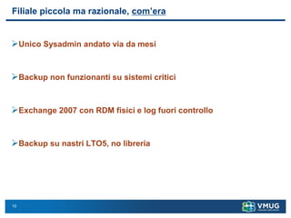 10
Filiale piccola ma razionale, com’era
➢Unico Sysadmin andato via da mesi
➢Backup non funzionanti su sistemi critici
➢Exchange 2007 con RDM fisici e log fuori controllo
➢Backup su nastri LTO5, no libreria
 