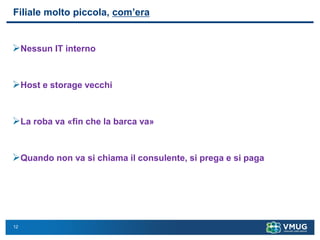 12
Filiale molto piccola, com’era
➢Nessun IT interno
➢Host e storage vecchi
➢La roba va «fin che la barca va»
➢Quando non va si chiama il consulente, si prega e si paga
 