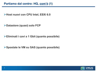 7
Partiamo dal centro: HQ, com’è (1)
➢Host nuovi con CPU Intel, ESXi 6.0
➢Datastore (quasi) solo FCP
➢Eliminati i cavi a 1 Gbit (quanto possibile)
➢Spostate le VM su SAS (quanto possibile)
 