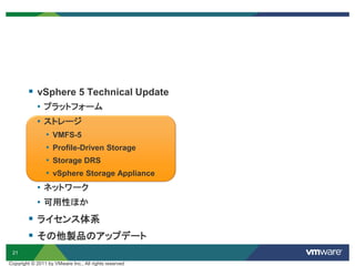 21
Copyright © 2011 by VMware Inc., All rights reserved
 vSphere 5 Technical Update
• プラットフォーム
• ストレージ
• VMFS-5
• Profile-Driven Storage
• Storage DRS
• vSphere Storage Appliance
• ネットワーク
• 可用性ほか
 ライセンス体系
 その他製品のアップデート
 