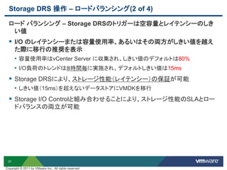 31
Storage DRS 操作 – ロードバランシング(2 of 4)
ロード バランシング – Storage DRSのトリガーは空容量とレイテンシーのしき
い値
 I/O のレイテンシーまたは容量使用率、あるいはその両方がしきい値を越え
た際に移行の推奨を表示
• 容量使用率はvCenter Server に収集され、しきい値のデフォルトは80%
• I/O負荷のトレンドは８時間毎に実施され、デフォルトしきい値は15ms
 Storage DRSにより、ストレージ性能（レイテンシー）の保証が可能
• しきい値（15ms）を超えないデータストアにVMDKを移行
 Storage I/O Controlと組み合わせることにより、ストレージ性能のSLAとロー
ドバランスの両立が可能
Copyright © 2011 by VMware Inc., All rights reserved
 
