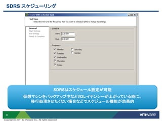 33
SDRS スケジューリング
SDRSはスケジュール設定が可能
仮想マシンをバックアップ中などI/Oレイテンシーが上がっている時に、
移行処理させたくない場合などでスケジュール機能が効果的
Copyright © 2011 by VMware Inc., All rights reserved
 