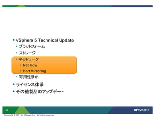 39
Copyright © 2011 by VMware Inc., All rights reserved
 vSphere 5 Technical Update
• プラットフォーム
• ストレージ
• ネットワーク
• Net Flow
• Port Mirroring
• 可用性ほか
 ライセンス体系
 その他製品のアップデート
 
