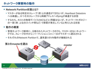 52
ネットワーク障害時の動作
 Network Partition状態とは?
• マスターがある特定のスレーブ（群）との通信ができないが、Heartbeat Datastore
へは疎通し、かつそのスレーブから隔離アドレスへのpingが疎通する状態
• すなわち、ホストの物理デバイス(NICなど)に問題はないが、ネットワークトポロジー
の一部（例：上位のスイッチ間など）で障害が発生していると考えられる状態
 動作の概要
• 管理ネットワーク断時に、分断されたネットワークのうち、マスターのないネットワー
クでは、スレーブの中から（パーティションごとに）１台がマスターに選出される
• それぞれのNetwork Partitionで、通常通りのVM動作が継続される
L2 L2
L3
master第２のmasterを選出
Copyright © 2011 by VMware Inc., All rights reserved
 
