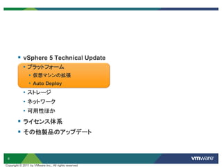 6
Copyright © 2011 by VMware Inc., All rights reserved
 vSphere 5 Technical Update
• プラットフォーム
• 仮想マシンの拡張
• Auto Deploy
• ストレージ
• ネットワーク
• 可用性ほか
 ライセンス体系
 その他製品のアップデート
 