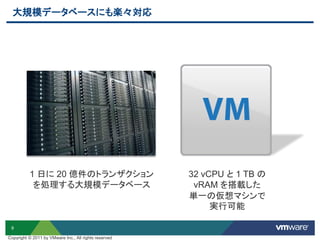 9
大規模データベースにも楽々対応
32 vCPU と 1 TB の
vRAM を搭載した
単一の仮想マシンで
実行可能
1 日に 20 億件のトランザクション
を処理する大規模データベース
Copyright © 2011 by VMware Inc., All rights reserved
 