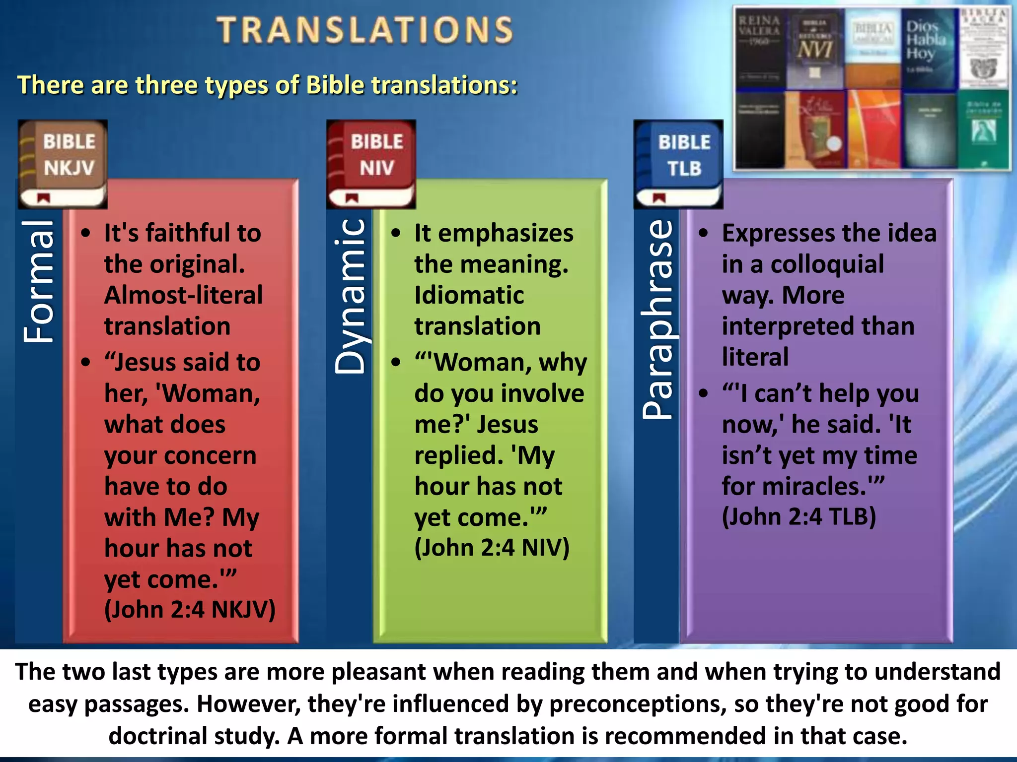 There are three types of Bible translations:
Formal
• It's faithful to
the original.
Almost-literal
translation
• “Jesus said to
her, 'Woman,
what does
your concern
have to do
with Me? My
hour has not
yet come.'”
(John 2:4 NKJV)
Dynamic
• It emphasizes
the meaning.
Idiomatic
translation
• “'Woman, why
do you involve
me?' Jesus
replied. 'My
hour has not
yet come.'”
(John 2:4 NIV)
Paraphrase
• Expresses the idea
in a colloquial
way. More
interpreted than
literal
• “'I can’t help you
now,' he said. 'It
isn’t yet my time
for miracles.'”
(John 2:4 TLB)
The two last types are more pleasant when reading them and when trying to understand
easy passages. However, they're influenced by preconceptions, so they're not good for
doctrinal study. A more formal translation is recommended in that case.
 