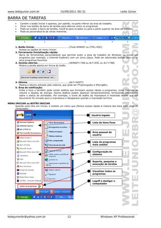 www.leitejunior.com.br 15/09/2011 00:31 Leite Júnior
BARRA DE TAREFAS
• Contém o botão Iniciar e aparece, por padrão, na parte inferior da área de trabalho.
• Clicar nos botões da barra de tarefas para alternar entre os programas.
• Pode-se ocultar a barra de tarefas, movê-la para os lados ou para a parte superior da área de trabalho
• Pode-se personalizá-la de várias maneiras.
1. Botão Iniciar............................................(Tecla WINKEY ou CTRL+ESC)
Acesso as opções do menu Iniciar.
2. Ferramenta Inicialização rápida:
Barra de ferramentas personalizável que permite exibir a área de trabalho do Windows ou iniciar um
programa (por exemplo, o Internet Explorer) com um único clique. Pode ser adicionado botões para iniciar
seus programas favoritos.
3. Janelas abertas........................................(WINKEY+TAB ou ALT+ESC ou ALT+TAB)
Mostra a janela aberta em forma de botão.
4. Idioma.....................................................(ALT+SHIFT)
Mostra o idioma utilizado pelo sistema, que pode ser PT(português) e EN(inglês).
5. Área de notificação:
Exibe a hora e também pode conter atalhos que forneçam acesso rápido a programas, como Controle de
volume e Opções de energia. Outros atalhos podem aparecer temporariamente, fornecendo informações
sobre o status de atividades. Por exemplo, o ícone de atalho da impressora é mostrado depois que um
documento foi enviado para a impressora e desaparece quando a impressão termina.
MENU INICIAR ou BOTÃO INICIAR
Quando você clica em Iniciar, é exibido um menu que oferece acesso rápido à maioria dos itens mais úteis do
computador.
leitejuniorbr@yahoo.com.br 12 Windows XP Professional
Usuário logado
Lista de itens fixos
Área pessoal do
usuário
Lista de programas
mais usados
Configuração do
sistema
Suporte, pesquisa e
execução de tarefas
Visualizar todos os
programas
Logoff e desligar o
computador
 