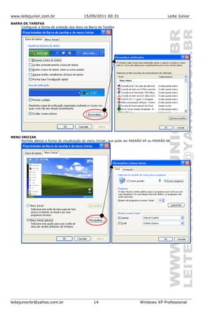 www.leitejunior.com.br 15/09/2011 00:31 Leite Júnior
BARRA DE TAREFAS
Configurar a forma de exibição dos itens na Barra de Tarefas.
MENU INICIAR
Permite alterar a forma de visualização do menu Iniciar, que pode ser PADRÃO XP ou PADRÃO 98.
leitejuniorbr@yahoo.com.br 14 Windows XP Professional
 