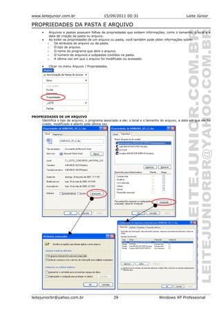 www.leitejunior.com.br 15/09/2011 00:31 Leite Júnior
PROPRIEDADES DA PASTA E ARQUIVO
• Arquivos e pastas possuem folhas de propriedades que exibem informações, como o tamanho, o local e a
data de criação da pasta ou arquivo.
• Ao exibir as propriedades de um arquivo ou pasta, você também pode obter informações sobre:
o Os atributos do arquivo ou da pasta.
o O tipo de arquivo.
o O nome do programa que abre o arquivo.
o O número de arquivos e subpastas contidos na pasta.
o A última vez em que o arquivo foi modificado ou acessado.
• Clicar no menu Arquivo / Propriedades.
PROPRIEDADES DE UM ARQUIVO
Identifica o tipo de arquivo; o programa associado a ele; o local e o tamanho do arquivo, a data em que ele foi
criado, modificado e aberto pela última vez.
leitejuniorbr@yahoo.com.br 39 Windows XP Professional
 