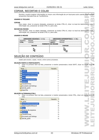 www.leitejunior.com.br 15/09/2011 00:31 Leite Júnior
COPIAR, RECORTAR E COLAR
Permite o usuário duplicar informações ou mover uma informação de um local para outro usando uma memória
temporária chamada Área de Transferência.
USANDO O TECLADO
COPIAR
Para copiar, clicar no arquivo desejado, pressionar as teclas CTRL+C, clicar no local de destino(para onde a
informação vai), pressionar as teclas CTRL+V, para colar.
RECORTAR/MOVER
Para recortar, clicar no objeto desejado, pressionar as teclas CTRL+X, clicar no local de destino(para onde a
informação vai), pressionar as teclas CTRL+V, para colar.
USANDO O MOUSE
UNIDADES IGUAIS(C: -> C:) UNIDADES DIFERENTES(C: -> D:)
PADRÃO: MOVER PADRÃO: COPIAR
CTRL: COPIAR SHIFT: MOVER
FORMATO DO MOUSE
MOVER COPIAR
SELEÇÃO DE CONTEÚDO
Usado para excluir, copiar, mover, entre outros processos.
SELEÇÃO PONTO A PONTO(SHIFT)
• Clicar no primeiro item da lista, pressionar e manter pressionada a tecla SHIFT, clicar no último item da
lista.
SELEÇÃO ALTERNADA(CTRL)
• Clicar no primeiro item da lista, pressionar e manter pressionada a tecla CTRL, clicar em outros itens da
lista.
leitejuniorbr@yahoo.com.br 43 Windows XP Professional
 