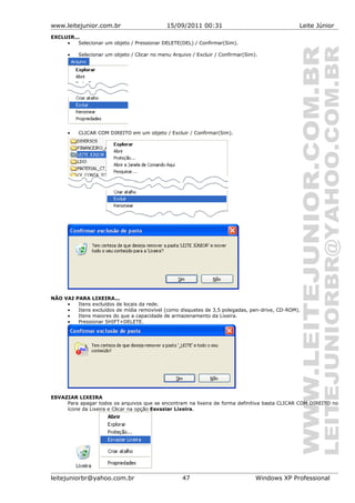 www.leitejunior.com.br 15/09/2011 00:31 Leite Júnior
EXCLUIR...
• Selecionar um objeto / Pressionar DELETE(DEL) / Confirmar(Sim).
• Selecionar um objeto / Clicar no menu Arquivo / Excluir / Confirmar(Sim).
• CLICAR COM DIREITO em um objeto / Excluir / Confirmar(Sim).
NÃO VAI PARA LIXEIRA...
• Itens excluídos de locais da rede.
• Itens excluídos de mídia removível (como disquetes de 3,5 polegadas, pen-drive, CD-ROM).
• Itens maiores do que a capacidade de armazenamento da Lixeira.
• Pressionar SHIFT+DELETE.
ESVAZIAR LIXEIRA
Para apagar todos os arquivos que se encontram na lixeira de forma definitiva basta CLICAR COM DIREITO no
ícone da Lixeira e Clicar na opção Esvaziar Lixeira.
leitejuniorbr@yahoo.com.br 47 Windows XP Professional
 