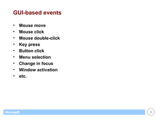 GUI-based events Mouse move Mouse click Mouse double-click Key press Button click Menu selection Change in focus Window activation etc. 