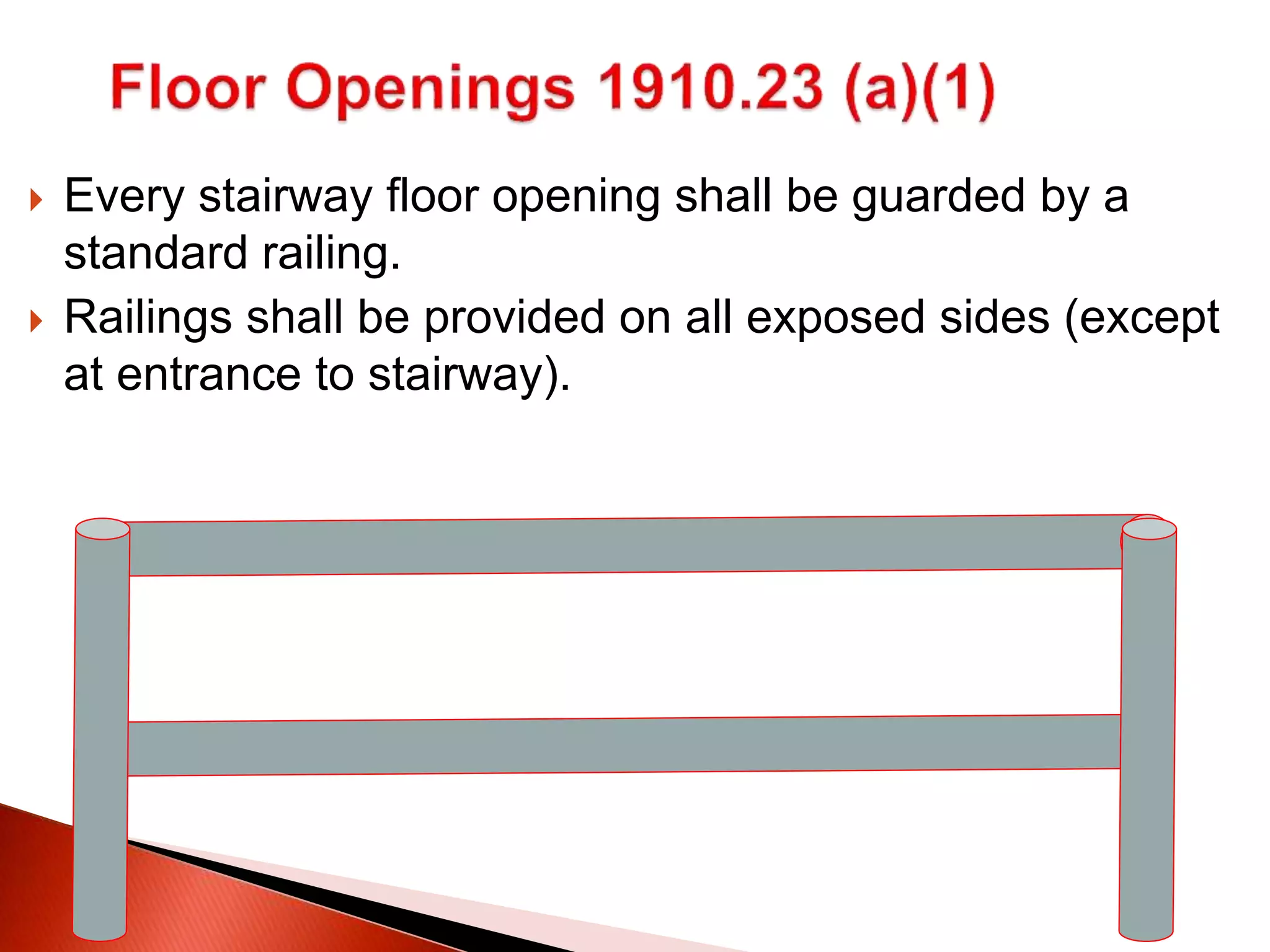  Every stairway floor opening shall be guarded by a
standard railing.
 Railings shall be provided on all exposed sides (except
at entrance to stairway).
 