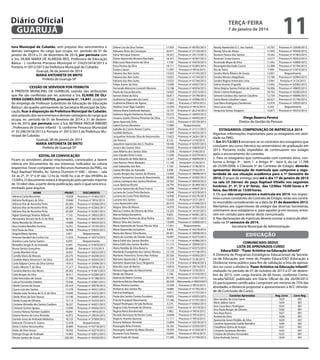 Diário Oficial
GUARUJÁ
tura Municipal de Cubatão, sem prejuízo dos vencimentos e
demais vantagens do cargo que ocupa, no período de 01 de
janeiro de 2014 a 31 de dezembro de 2014, por permuta com
a Sra. VILMA MARIA DE ALMEIDA REIS, Professora de Educação
Básica - I, conforme Processo Municipal nº 31625/3418/2013 e
Portaria nº 0912/2013 da Prefeitura Municipal de Cubatão.
Guarujá, 06 de janeiro de 2014
MARIA ANTONIETA DE BRITO
Prefeita de Guarujá-SP
CESSÃO DE SERVIDOR POR PERMUTA
A PREFEITA MUNICIPAL DE GUARUJÁ, usando das atribuições
que lhe são conferidas por lei, autoriza a Sra. ELAINE DE OLIVEIRA GOMES DOS SANTOS, prontuário nº. 14.841, ocupante
do emprego de Professor Substituto de Educação de Educação
Básica I, do quadro permanente da Secretaria Municipal de Educação, ficar à disposição da Prefeitura Municipal de Cubatão,
sem prejuízo dos vencimentos e demais vantagens do cargo que
ocupa, no período de 01 de fevereiro de 2014 a 31 de dezembro de 2014, por permuta com a Sra. NETÂNIA PÁDUA RIBEIRO
, Professora de Ensino Infantil - II, conforme Processo Municipal
nº 30.296/3418/2013 e Portaria nº. 0915/2013 da Prefeitura Municipal de Cubatão.
Guarujá, 06 de janeiro de 2014
MARIA ANTONIETA DE BRITO
Prefeita de Guarujá-SP
EDITAL DE CONVOCAÇÃO
Ficam os servidores abaixo relacionados, convocados a darem
ciência em documentos de seu interesse, indicados na coluna
respectiva. Favor comparecer no Recursos Humanos da PMG, no
Paço Raphael Vitiello, Av. Santos Dumont nº 640 – térreo – sala
33: às 2ª, 3ª, 5ª e 6ª das 12 hs às 16:00 hs; e às 4ª das 09:00hs às
13:00hs. O documento estará à disposição pelo período máximo
de 10 (dez) dias, a partir desta publicação, após o qual será encaminhado para arquivo.
NOME
Adriana Carla Mousinho
Adriana Rodrigues da Silva
Adriana Vita de Noronha Pinto
Adriana Vita de Noronha Pinto
Adriana Vita de Noronha Pinto
Aglair Queiroga Teixeira Tellaroli
Alessandra Tenorio de N. D. da Silva
Alzira Macedo de Oliveira
Ana Cristina Bendito Ferreira
Ana Paula da Silva
Angela Maria Gamba
Antonia Vanderli da Cunha Lira
Aurelice Lusia Gama Santos
Benedito Sergio B. de Andrade
Bruna Santos Gonçalves
Camila Marinho Diniz
Camilla Vieira de Moraes
Candida Maria Amancio F. da Silva
Carla Edijane Carmo da Silva Santos
Carlos Alberto T. da Silva
Carolina Martins das Neves
Catia Borges da Silva
Celia Venceslau de Souza
Celma Fernandes Doblins
Cibele Correia de Souza
Cicero Luiz dos Santos
Claudia Leão Ferreira de O. A. da Silva
Cleide Alves de Gois Vassao
Cleide Souza de Oliveira
Cristiane Almeida dos Santos Cardoso
Cristiane Gomes Igrejas
Cristina Helena Palmieri Gaddini
Daiane Ramos de Lima Almeida
Daniela Goes de Andrade Medeiros
Deborah Christine R. Soares
Deise Cristine Vasconcellos
Deize da Silva Souza
Delinge Diogo de Andrade
Denise Santos de Souza

11

terça-feira

7 de janeiro de 2014

PRONT.
19.028
10.846
20.284
20.284
20.284
7.133
18.421
14.688
16.251
18.498
5.871
11.033
6.035
6.045
20.486
16.031
20.270
20.259
19.413
11.217
20.302
18.517
17.790
15.046
20.354
11.579
14.840
13.190
13.114
18.227
12.040
10.841
16.972
18.725
12.478
16.800
18.035
14.905
526.381

DOCUMENTO
Processo nº 41462/2013
Processo nº 9916/2013
Processo nº 42366/2013
Processo nº 42383/2013
Processo nº 42381/2013
Processo nº 39052/2013
Processo nº 36019/2013
Processo nº 40424/2013
Processo nº 10145/2013
Processo nº 43625/2013
Requerimento
Processo nº 42573/2013
Requerimento
Processo nº 41870/2013
Portaria nº 3153/2013
Processo nº 38252/2013
Processo nº 44200/2013
Processo nº 40345/2013
Processo nº 35496/2013
Processo nº 9916/2013
Processo nº 41461/2013
Processo nº 42289/2013
Processo nº 41188/2013
Processo nº 42801/2013
Processo nº 40578/2013
Processo nº 44331/2013
Processo nº 42372/2013
Processo nº 26945/2013
Processo nº 42253/2013
Processo nº 44201/2013
Processo nº 44202/2013
Processo nº 9916/2013
Processo nº 29534/2013
Processo nº 31009/2013
Requerimento
Processo nº 43718/2013
Processo nº 42374/2013
Processo nº 42812/2013
Processo nº 42430/2013

Dilene Lira da Silva Fontes
Edinalva Alves da Conceição
Edna Henrique Esteves
Elaine Aparecida Moreira Machado
Elda Lucia Nascimento da Silva
Erica Pereira da Silva
Evelyn Caesar
Fabiana dos Reis Sutto
Fabiana dos Reis Sutto
Fabiana dos Reis Sutto
Felipe Xavier da Silva
Fernanda Manzioni Leonotti Morone
Flavia de Sousa Baracho
Gerson Viana da Silva
Guilherme Fagundes da Costa
Guilherme Ribeiro de Aguiar
Hedilso Cesar Rigo Gaddini
Helena Maria Dzielinski Barbato
Helenice Argolo Norberto Arruda
Hosana Josefa Oliveira Pimentel da Silva
Ignes Aparcida Zolin
Isabel Gomes Monteiro
Isabelle do Carmo Nunes Cunha
Ivanildo Barbosa
Jacqueline Antonia Silva de Vasconcelos
Jair Pereira
Jaqueline Aparecida dos S. Paulino
Jessica dos Santos Silva
Jose Alberto dos Santos Silva
Jose Claudio Diniz Couto
Jose Eduardo de Melo Barros
Jose Ramon Perez Marquez
José Sebastião dos Reis
Juarez Mendes de Azevedo
Jucelia Borges dos Santos da Silveira
Juliana Gonçalves Souza do Nascimento
Leticia Latrequia dos Santos Klockner
Lucas Barbosa Ricetti
Luciana Aparecida da Rosa Franco
Luciana da Costa Pinto Barbosa
Luciana da Costa Pinto Barbosa
Luciane dos Santos
Luisa Aparecida Leite
Magno Silva de Moura
Marcia Cristina de Oliveira da Silva
Marcia Kakiya Kanashiro
Marcia Maria Pereira da Silva Penha
Marcio Silva dos Santos
Maria Aparecida de Souza Pita da Silva
Maria Aparecida Gonçalves
Maria das Neves Silva Nunes
Maria de Lourdes de Toledo Cesar
Maria Edith dos Santos Bonfim
Maria Edith dos Santos Bonfim
Maria Nesilda da Silva Bezerra
Marileide Evangelista dos Santos Moraes
Marilene Florentino Torres Neo Feitosa
Marizete Aparecida S. Nogueira
Marizete Aparecida Succi Nogueira
Maurilio Jose de Barros
Monica Fagundes do Nascimento
Neide de Oliveira
Neilma de Matos Correia
Nelcilene Batista Machado
Nilceu Pereira Cassitas
Norberto dos Santos Pio
Patricia Rodrigues
Paula dos Santos Fontes Escudero
Priscila Prestjord Nascimento
Raquel Rodrigues Arruda Barboza
Regina Celia Andrade de Oliveira
Regina Maria Bombonatti
Ricardo Henrique da Rocha Costa
Rogerio Arantes Queiroz
Rosana Baltazar Almeida
Rosangela Brito Ferreira
Rosangela Gabriel da Mata Oliveira
Roseane Faria Teixeira
Roseli Ovale de Souza

17.935
20.471
10.521
16.331
7.748
19.111
11.097
13.023
13.023
13.023
13.690
13.108
14.055
16.811
17.122
12.843
12.349
12.147
19.272
11.374
11.023
17.900
15.859
11.605
13.622
6.125
18.446
19.036
11.558
11.030
13.267
11.148
7.130
5.598
12.660
18.965
19.562
18.795
12.998
14.946
14.946
13.426
20.410
14.970
13.225
9.825
18.012
13.699
11.051
3.976
20.361
16.097
11.115
11.115
11.591
12.124
20.326
11.519
11.519
14.810
17.123
7.180
20.195
20.439
12.598
14.885
13.011
10.855
17.166
5.275
13.031
7.962
10.848
11.111
15.894
16.163
19.439
10.845
17.200

Processo nº 40705/2013
Processo nº 27139/2013
Processo nº 29115/2013
Processo nº 42367/2013
Processo nº 43070/2013
Processo nº 42385/2013
Processo nº 9916/2013
Processo nº 41745/2013
Processo nº 41754/2013
Processo nº 41744/2013
Processo nº 43057/2013
Processo nº 40354/2013
Processo nº 35515/2013
Processo nº 34190/2013
Processo nº 42906/2013
Processo nº 9916/2013
Processo nº 9916/2013
Processo nº 26.216/2013
Processo nº 34043/2013
Processo nº 44493/2013
Processo nº 05729/2013
Requerimento
Processo nº 31111/2013
Processo nº 40255/2013
Processo nº 24261/2013
Portaria nº 3143/2013
Processo nº 42597/2013
Processo nº 43859/2013
Portaria nº 3160/2013
Processo nº 42379/2013
Processo nº 40699/2013
Portaria nº 3159/2013
Portaria nº 3148/2013
Portaria nº 3162/2013
Processo nº 38098/2013
Processo nº 42582/2013
Processo nº 40429/2013
Processo nº 30.489/2013
Processo nº 40697/2013
Processo nº 42378/2013
Processo nº 42576/2013
Portaria nº 3151/2013
Processo nº 41460/2013
Processo nº 35705/2013
Processo nº 14107/2013
Processo nº 40581/2013
Processo nº 42811/2013
Processo nº 42800/2013
Requerimento
Processo nº 43270/2013
Processo nº 39048/2013
Processo nº 42373/2013
Processo nº 42966/2013
Processo nº 39049/2013
Processo nº 42375/2013
Processo nº 41736/2013
Processo nº 42005/2013
Portaria nº 3126/2013
Processo nº 40420/2013
Processo nº 29216/2013
Portaria nº 3150/2013
Processo nº 41743/2013
Processo nº 31027/2013
Memorando nº 00629/2013
Processo nº 9916/2013
Processo nº 41765/2013
Processo nº 41737/2013
Processo nº 42925/2013
Processo nº 41741/2013
Processo nº 43842/2013
Processo nº 16719/2013
Processo nº 9916/2013
Processo nº 9916/2013
Processo nº 9916/2013
Processo nº 42578/2013
Processo nº 32505/2013
Processo nº 41764/2013
Processo nº 9916/2013
Processo nº 41740/2013

Rosely Aparecida O. C. dos Santos
Rosely Silva de Abreu
Rosiane Passos dos Santos
Rosimeri Costa Guerra
Rosineide Bispo da Silva
Rozangela Machado Castro
Rui de Paiva
Sandra Maria Ribeiro de Souza
Sandra Moraes Magalhaes
Sandra Regina Antonieto Lima
Selma Vicente D'agrella
Silma Regina Santos Freitas de Gusmao
Silvia Cristina Rodrigues
Simone Cardoso dos Santos Claudino
Sonia Maria Calvalhar Lopes
Suzi Mara Rodrigues Dambrosio
Vera Lucia Julio
Verquinia Teresa Gregorio

10.767
17.943
19.342
10.577
11.442
12.380
7.499
12.831
15.780
13.941
12.942
16.006
18.742
12.739
20.427
12.976
5.333
15.871

Processo nº 22638/2013
Processo nº 40350/2013
Processo nº 41463/2013
Processo nº 40352/2013
Processo nº 42809/2013
Processo nº 41766/2013
Processo nº 21872/2013
Requerimento
Processo nº 42965/2013
Portaria nº 3133/2013
Processo nº 42585/2013
Processo nº 40695/2013
Processo nº 42583/2013
Processo nº 40696/2013
Processo nº 41746/2013
Processo nº 42035/2013
Requerimento
Processo nº 40353/2013

Diego Bezerra Pereira
Diretor de Gestão de Pessoas
ESTAGIÁRIOS: COMPROVAÇÃO DE MATRÍCULA 2014
Algumas informações importantes para os estagiários em atividade na PMG:
1. Em 31/12/2013 encerram-se os contratos dos estagiários que
concluem seu curso (técnico ou universitário) de graduação em
2013. Portanto estão impedidos de continuarem seu estágio
após o encerramento do contrato.
2. Para os estagiários que continuarão com contrato ativo, conforme o Artigo 3º - item 1 e Artigo 9º - item 6, da Lei 11.788
de 25/09/2008, e Cláusula 5º do Contrato de Estágio, deverão
apresentar declaração de matrícula que comprove a regularidade de sua situação acadêmica para o 1º Semestre de
2014. O prazo de entrega será até o dia 17 de janeiro de 2014
na sala 33 (térreo) do paço Raphael Vitiello nos seguintes
horários: 2ª, 3ª, 5ª e 6ª feiras, das 12:00as 16:00 horas e 4ª
feira, das 09:00 as 13:00 horas.
3. Os que não comprovarem a matrícula em 2014, nos respectivos cursos constantes do Contrato de Estágio, terão seu contrato rescindido considerando-se a data de 31 de dezembro 2013.
Alertamos aos supervisores de estágio das diversas Secretarias,
orientarem seus estagiários e, para aqueles já em recesso, entrarem em contato para alertar deste comunicado.
4. Nas declarações de matrícula deverá constar a matrícula efetivada no 1º semestre de 2014.
Secretaria Municipal de Administração

educação
COMUNICADO-SEDUC
LISTA DE APROVADOS CURSO
Educa/EAD - “Fazer Artístico na Educação Infantil”
A Diretoria de Programas Estratégicos Educacionais da Secretaria de Educação, por meio do Projeto Educa/EAD (Educação a
Distância) torna público para fins de validação a lista de aprovados no curso a distância “Fazer Artístico na Educação Infantil”,
realizado no período de 01 de outubro de 2013 a 07 de dezembro de 2013, com carga horária de 60 horas, conforme Comunicado/SEDUC publicado em Diário Oficial do dia 26/09/2013.
Os participantes certificados cumpriram um mínimo de 75% das
atividades a distancia propostas e apresentaram a ACC (Atividade de Conclusão de Curso).
Cursistas Aprovados
Alex Sandro de Lima Gama
Aline Jabbur Sarro
Ana Lúcia Bacci Rodrigues
Ana Paula Borges de Oliveira
Ana Rosa Ruivo
Andréa da Silva
Aparecida Geani Roldão da Silva
Caroline Aparecida Cezilla Ramalho
Claudilene Glória de Araújo
Cristiane Savarezze Mendes
Cristina de Oliveira Fernandes
Edna Andrade Santos

Reg. Livro
1623
1624
1625
1626
1627
1628
1629
1630
1631
1632
1633
1634

Livro Reg.
001
001
001
001
001
001
001
001
001
001
001
001

 