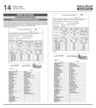 14

terça-feira

7 de janeiro de 2014

Atos oficiais
secretarias municipais
defesa e convivência social
Conforme determina os parágrafos 4º e 5º do art. 2º do Decreto 8.633 de 29/01/2009, alterado pelo
Decreto 8.963 de 29/06/2010, seguem abaixo a publicação das ordens de serviço n.º 03 alterando
as ordens de serviço anteriores das linhas 19 e 21, ordem de serviço n.º 06 alterando a ordem de
serviço anterior da linha 33 e ordem de serviço n.º 02 alterando a ordem
de serviço anterior da linhas 41.

Diário Oficial
GUARUJÁ

 