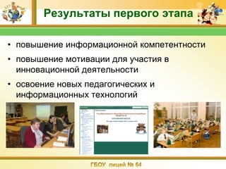 Результаты первого этапа

• повышение информационной компетентности
• повышение мотивации для участия в
  инновационной деятельности
• освоение новых педагогических и
  информационных технологий
 