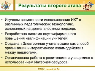 Результаты второго этапа

• Изучены возможности использования ИКТ в
  различных педагогических технологиях,
  основанных на деятельностном подходе.
• Разработана система внутрифирменного
  повышения квалификации учителей.
• Создана «Электронная учительская» как способ
  организации интерактивного взаимодействия
  между педагогами.
• Организована работа с родителями и учащимися с
  использованием Интернет-ресурсов.
 