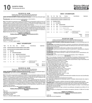 10                  quinta-feira
                    7 de fevereiro de 2013
                                                                                                                                                                    Diário Oficial
                                                                                                                                                                     GUARUJÁ
                                      D E C R E T O N.º 10.198.
                     “Dispõe sobre a abertura de crédito adicional suplementar,
                      autorizada pela Lei n.º 3.993, de 05 de dezembro de 2012.”
MARIA ANTONIETA DE BRITO, Prefeita Municipal de Guarujá, no uso de suas atribuições legais;
e,
Considerando o que consta no processo administrativo nº 3912/18/2013,
                                             DECRETA:
Art. 1.º Fica aberto ao orçamento corrente, com fundamento na autorização contida no inciso I do
artigo 7.º da Lei n.º 3.993, de 05 de dezembro de 2012, o crédito adicional suplementar no valor
de R$ 388.591,97 (trezentos e oitenta e oito mil, quinhentos e noventa e um reais e noventa e sete
centavos), conforme programação constante do Anexo I deste Decreto.
Art. 2.º O crédito aberto por este Decreto será coberto com o superávit financeiro dos recursos
                                                                                       2
provenientes do Governo do Estado de São Paulo, através do Departamento de Apoio ao Desen-
volvimento das Estâncias – DADE, destinados às obras de melhoria dos acessos aos bairros Per-
nambuco e Perequê através de serviços de pavimentação, no valor de R$ 388.591,97 (trezentos e
oitenta e oito mil, quinhentos e noventa e um reais e noventa e sete centavos).
Art. 3.º Este Decreto entra em vigor na data de sua publicação.
                                     Registre-se e publique-se.
                 Prefeitura Municipal de Guarujá, em 06 de fevereiro de 2013.
                                               PREFEITA
“ORÇ”/rdl
Registrado no Livro Competente
“UAE GBPRE”, em 06.02.2013                                                                                                                  D E C R E T O Nº 10.200.
Renata Disaró Lacerda                                                                                               “Institui a Comissão Permanente de Fiscalização de Monitoramento do
Pront. n.º 11.130, que o digitei e assino                                                                           Desempenho das Entidades do Terceiro Setor e dá outras providências.”
                                                                                                     MARIA ANTONIETA DE BRITO, Prefeita Municipal de Guarujá, no uso das atribuições que a lei
                                                                                                     lhe confere;
                                                                                                     Considerando a necessidade de se fiscalizar e monitorar o procedimento e desempenho das Enti-
                                                                                                     dades do Terceiro Setor, na tramitação dos pedidos de subvenção social, assim como os requisitos
                                                                                                     objetivos para sua concessão;
                                                                                                     Considerando o disposto na Lei Municipal nº 3.788, de 24 de novembro de 2009;
                                                                                                     Considerando o que consta no Decreto nº 9.308, de 01 de abril de 2011, especialmente o disposto
                                                                                                     no artigo 2º;
                                                                                                     Considerando o disposto na Lei Municipal nº 3.932, de 03 de maio de 2012;
                                                                                                     Considerando o que consta no Decreto nº 9.938, de 22 de junho de 2012, especialmente o dis-
                                                                                                     posto no artigo 17; e,
                                                                                                     Considerando, por fim, o que consta no processo administrativo nº 901/177984/2013;
                                                                                                                                                  DECRETA:
                                                                                                     Art. 1.º Fica instituída a Comissão Permanente destinada à Fiscalização e Monitoramento do De-
                                                                                                     sempenho das Entidades do Terceiro Setor, vinculada à Controladoria Geral do Município.
                                                                                                     Art. 2.º A Comissão ora constituída será integrada pelos representantes a seguir relacionados, sob
                                                                                                     a presidência do membro indicado no inciso I:
                                                                                                     I – Vânia Santana Silva Gartner – Pront. nº 14.860;
                                                                                                     II – Maria Teresa Funcia Lara - Pront. nº 9.043;
                                                                                                     III – Eunice Tiyeko Higa de Araújo - Pront. nº 3.907;
                                                                                                     IV – Camila de Magalhães Leite Penteado - Pront. nº 14.071;
                                                                                                     V – Maria Fernanda de Melo Apa - Pront. nº 12.360;
                                                                                                     VI – Cátia de Souza Silva - Pront. nº 12.987;
                                      D E C R E T O N.º 10.199.
                                                                                                     VII – Régia Medeiros de Paula da Glória - Pront. nº 8.317;
                     “Dispõe sobre a abertura de crédito adicional suplementar,
                                                                                                     VIII – Douglas Francisco da Costa - Pront. nº 19.558;
                      autorizada pela Lei n.º 3.993, de 05 de dezembro de 2012.”
                                                                                                     IX – Marcelo Diniz de Sousa - Pront. nº 11.561;
MARIA ANTONIETA DE BRITO, Prefeita Municipal de Guarujá, no uso de suas atribuições legais, e,
                                                                                                     X – Telma Aparecida Bravo - Pront. nº 11.813;
Considerando o que consta no processo administrativo nº 3913/18/2013,
                                                                                                     XI – Gustavo Guilherme de Souza - Pront. nº 11.376.
                                             DECRETA:
                                                                                                     Art. 3.º São atribuições desta Comissão:
Art. 1.º Fica aberto ao orçamento corrente, com fundamento na autorização contida no inciso I do
                                                                                                     I – acompanhar a execução do projeto apresentado pelas entidades do terceiro setor, beneficiadas
artigo 7.º da Lei n.º 3.993, de 05 de dezembro de 2012, o crédito adicional suplementar no valor
                                                                                                     com o repasse da subvenção;
de R$ 271.571,58 (duzentos e setenta e um mil, quinhentos e setenta e um reais e cinquenta e oito
                                                                                                     II – emitir parecer quanto ao acompanhamento do projeto;
centavos), conforme programação constante do Anexo I deste Decreto.
                                                                                                     III – julgar pelo cancelamento da subvenção, quanto a entidade subvencionada não cumprir o
Art. 2.º O crédito aberto por este Decreto será coberto com o superávit financeiro dos recursos
                                                                                                     Plano de Trabalho;
provenientes do convênio nº 749504/2010 – processo nº 08020004319201068, para expansão do
                                                                                                     IV – elaborar atas de reuniões e relatórios mensais dos trabalhos realizados pela Comissão.
sistema de videomonitoramento e implantação do Gabinete e Gestão Integrada para integração
                                                                                                     Parágrafo único. O relatório previsto no inciso IV, deste artigo, deverá ser protocolizado no Gabi-
sistêmica e multidisciplinar do Programa Nacional de Segurança Pública com Cidadania – PRO-
                                                                                                     nete do Prefeito e na Controladoria Geral do Município, até o 5º (quinto) dia útil de cada mês.
NASCI, no valor de R$ 271.571,58 (duzentos e setenta e um mil, quinhentos e setenta e um reais e
                                                                                                     Art. 4.º Aplica-se aos membros desta Comissão o quanto disposto no artigo 1º, da Lei Municipal
cinquenta e oito centavos).
Art. 3.º Este Decreto entra em vigor na data de sua publicação.                                      nº 3.208, de 17 de maio de 2005.
                                     Registre-se e publique-se.                                      Art. 5.º Este Decreto entre em vigor na data de sua publicação, retroagindo seus efeitos à 01 de
                 Prefeitura Municipal de Guarujá, em 06 de fevereiro de 2013.                        janeiro de 2013.
1.	                                                 PREFEITA                                         Art. 6.º Revogam-se as disposições em contrário, em especial o Decreto nº 9.308, de 01 de abril
“ORÇ”/rdl                                                                                            de 2011.
Registrado no Livro Competente                                                                                                            Registre-se e publique-se.
“UAE GBPRE”, em 06.02.2013                                                                                             Prefeitura Municipal de Guarujá, em 06 de fevereiro de 2013.
Renata Disaró Lacerda                                                                                                                               PREFEITA
Pront. n.º 11.130, que o digitei e assino                                                            “LEIN”/rdl
                                                                                                     Registrado no Livro Competente
 