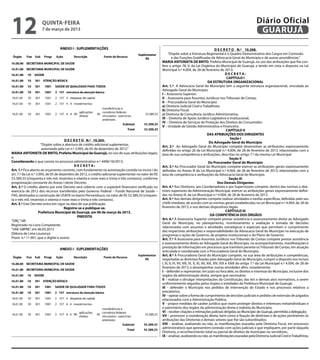 12                   quinta-feira
                     7 de março de 2013
                                                                                                                                                                                  Diário Oficial
                                                                                                                                                                                   GUARUJÁ

                                                                                                                                                         D E C R E T O N.º 10.268.
                                                                                                              “Dispõe sobre a Estrutura Regimental e o Quadro Demonstrativo dos Cargos em Comissão
                                                                                                                 e das Funções Gratificadas da Advocacia Geral do Município e dá outras providências.”
                                                                                                        MARIA ANTONIETA DE BRITO, Prefeita Municipal de Guarujá, no uso das atribuições que lhe con-
                                                                                                        fere o artigo 78, V, da Lei Orgânica do Município de Guarujá, e tendo em vista o disposto na Lei
                                                                                                        Municipal n.º 4.004, de 28 de fevereiro de 2013;
                                                                                                                                                                 DECRETA:
                                                                                                                                                                  CAPÍTULO I
                                                                                                                                                   DA ESTRUTURA ORGANIZACIONAL
                                                                                                        Art. 1.º  A Advocacia Geral do Município tem a seguinte estrutura organizacional, vinculada ao
                                                                                                        Advogado Geral do Município:
                                                                                                        I – Assessoria Superior;
                                                                                                        II – Assessoria para Assuntos Jurídicos nos Tribunais de Contas;
                                                                                                        II – Procuradoria Geral do Município:
                                                                                                        a) Diretoria Judicial Cível e Trabalhista;
                                                                                                        b) Diretoria Fiscal;
                                                                                                        c) Diretoria de Consultoria Jurídico-Administrativa;
                                                                                                        III – Diretoria de Apoio Jurídico-Legislativo e Institucional;
                                                                                                        IV – Diretoria de Serviços de Proteção dos Direitos do Consumidor;
                                                                                                        V – Unidade de Gestão Administrativa e Financeira.
                                                                                                                                                                 CAPÍTULO II
                                                                                                                                                  DAS ATRIBUIÇÕES DOS DIRIGENTES
                                                                                                                                                                     Seção I
                                       D E C R E T O N.º 10.265.
                                                                                                                                                    Do Advogado Geral do Município
                       “Dispõe sobre a abertura de crédito adicional suplementar,
                                                                                                        Art.  2.º   Ao Advogado Geral do Município compete desenvolver as atribuições expressamente
                        autorizada pela Lei n.º 3.993, de 05 de dezembro de 2012.”                      definidas no artigo 26 da Lei Municipal n.º 4.004, de 28 de fevereiro de 2013, relacionadas com a
MARIA ANTONIETA DE BRITO, Prefeita Municipal de Guarujá, no uso de suas atribuições legais;             área de sua competência e atribuições, descritas no artigo 7.º da mesma Lei Municipal.
e,                                                                                                                                                                  Seção II
Considerando o que consta no processo administrativo n.º 4490/18/2013;                                                                             Do Procurador Geral do Município
                                               DECRETA:                                                 Art. 3.º Ao Procurador Geral do Município compete exercer as atribuições gerais expressamente
Art. 1.º Fica aberto ao orçamento corrente, com fundamento na autorização contida no inciso I do        definidas no Anexo III da Lei Municipal n.º 4.004, de 28 de fevereiro de 2013, relacionadas com a
art. 7.º da Lei n.º 3.993, de 05 de dezembro de 2012, o crédito adicional suplementar no valor de R$    área de competência e atribuições da Advocacia Geral do Município.
53.389,33 (cinquenta e três mil, trezentos e oitenta e nove reais e trinta e três centavos), conforme                                                               Seção III
programação constante do Anexo I deste Decreto.                                                                                                            Dos Demais Dirigentes
Art. 2.º O crédito aberto por este Decreto será coberto com o superávit financeiro verificado no        Art. 4.º Aos Diretores, aos Coordenadores e aos Supervisores compete, dentro das normas e dire-
exercício de 2012 dos recursos transferidos pelo Governo Federal – Fundo Nacional de Saúde –            trizes superiores da Administração Municipal, exercer as atribuições gerais expressamente defini-
                                                                                                2
FNS, destinados à construção de USAFA no bairro Pernambuco, no valor de R$ 53.389,33 (cinquen-          das no Anexo III, da Lei Municipal n.º 4.004, de 28 de fevereiro de 2013.
ta e três mil, trezentos e oitenta e nove reais e trinta e três centavos).                              Art. 5.º Aos demais dirigentes compete realizar atividades e tarefas específicas, definidas pelo seu
Art. 3.º Este Decreto entra em vigor na data de sua publicação.                                         chefe imediato, de acordo com as normas gerais estabelecidas na Lei Municipal n.º 4.004, de 28 de
                                       Registre-se e publique-se.                                       fevereiro de 2013, e nos demais dispositivos legais.
                      Prefeitura Municipal de Guarujá, em 06 de março de 2013.                                                                                   CAPÍTULO III
                                                 PREFEITA                                                                                            DA COMPETÊNCIA DOS ÓRGÃOS
“ORÇ”/dll                                                                                               Art. 6.º À Assessoria Superior compete prestar assistência e assessoramento direto ao Advogado
                                                                                                        Geral do Município, no planejamento, monitoramento e avaliação e tomada de decisões
Registrado no Livro Competente
                                                                                                        relacionadas com assuntos e atividades estratégicas e especiais que permitam o cumprimento
“UAE GBPRE”, em 06.03.2013
                                                                                                        das respectivas atribuições e responsabilidades da Advocacia Geral do Município na execução de
Débora de Lima Lourenço                                                                                 programas e ações de Governo, de projetos institucionais e do Plano de Governo.
Pront. n.º 11.901, que o digitei e assino                                                               Art. 7.º À Assessoria para Assuntos Jurídicos nos Tribunais de Contas compete prestar assistência
                                                                                                        e assessoramento direto ao Advogado Geral do Município, no acompanhamento, manifestações e
                                                                                                        prestação de informações em processos que tramitem perante os Tribunais de Contas, em atuação
                                                                                                        articulada e coordenada com a Procuradoria Geral do Município.
                                                                                                        Art. 8.º À Procuradoria Geral do Município compete, na sua área de atribuições e competências,
                                                                                                        respeitadas as diretrizes fixadas pelo Advogado Geral do Município, cumprir o disposto nos incisos
                                                                                                        I, III, V, VI, VII, VIII, IX, X, XI, XII, XIII, XIV, XIX e XXIII do artigo 7.º da Lei Municipal n.º 4.004, de 28 de
                                                                                                        fevereiro de 2013, e desempenhar outras atividades afins, notadamente:
                                                                                                        I – defender e representar, em juízo ou fora dele, os direitos e interesse do Município, inclusive dos
                                                                                                        órgãos da administração direta, sempre que necessário;
                                                                                                        II – realizar e divulgar interpretações da Constituição, das leis e demais atos normativos, a serem
                                                                                                        uniformemente seguidas pelos órgãos e entidades da Prefeitura Municipal de Guarujá;
                                                                                                        III – defender o Município nos pedidos de intervenção do Estado e nos processos relativos a
                                                                                                        precatórios;
                                                                                                        IV – opinar sobre a forma de cumprimento de decisões judiciais e pedidos de extensão de julgados
                                                                                                        relacionados com a Administração Pública;
                                                                                                        V – propor medidas de caráter jurídico que visem proteger direitos e interesses metaindividuais e
                                                                                                        o patrimônio dos órgãos da administração direta e indireta do Município;
                                                                                                        VI – receber citações e intimações judiciais dirigidas ao Município de Guarujá, permitida a delegação;
                                                                                                        VII – promover a coordenação direta, bem como a fixação de diretrizes e de ações pertinentes às
                                                                                                        atribuições das Diretorias e demais setores que lhe são subordinados;
                                                                                                        VIII – analisar, avalizando ou não, as manifestações exaradas pela Diretoria Fiscal, em processos
                                                                                                        administrativos que apresentem conexão com ações judiciais e que impliquem, por parte daquela
                                                                                                        Diretoria, o reconhecimento total ou parcial de direitos de munícipes ou servidores;
                                                                                                        IX – analisar, avalizando ou não, as manifestações exaradas pela Diretoria Judicial Cível e Trabalhista,
 