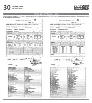 30                  quinta-feira
                    7 de março de 2013
                                                                                                                                                                Diário Oficial
                                                                                                                                                                 GUARUJÁ

                                                                    defesa e convivência social
Conforme determina os parágrafos 4º e 5º do art. 2º do decreto 8.633, de 29/01/2009, alterado pelo Decreto 8.963 De 29/03/2010, segue abaixo a publicação de Ordens de Serviço alterando as Ordens
de Serviço anteriores das linhas 11 e 33.
 