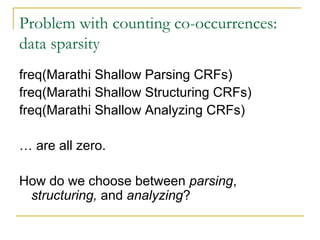 Problem with counting co-occurrences:
data sparsity
freq(Marathi Shallow Parsing CRFs)
freq(Marathi Shallow Structuring CRFs)
freq(Marathi Shallow Analyzing CRFs)
… are all zero.
How do we choose between parsing,
structuring, and analyzing?
 