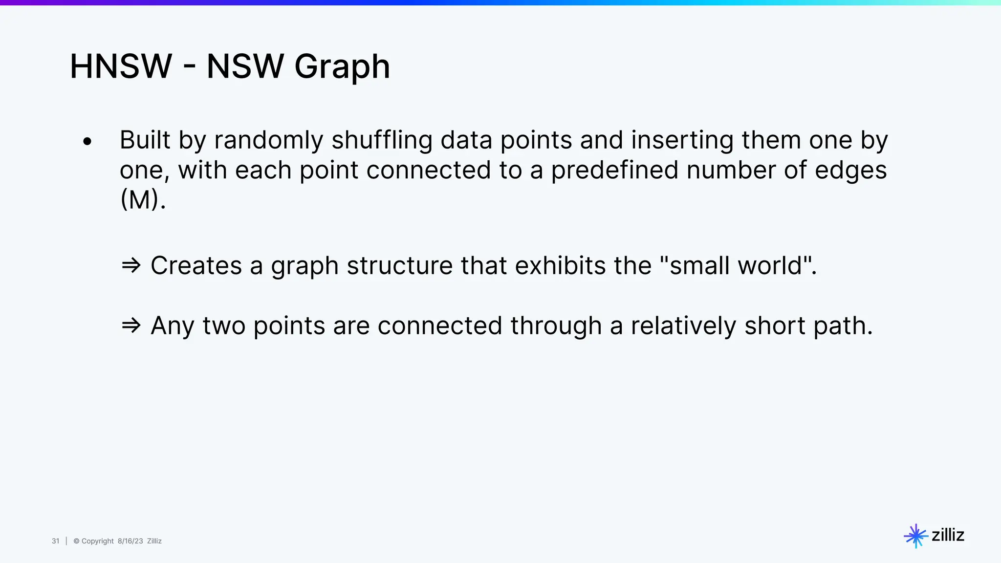 31 | © Copyright 8/16/23 Zilliz
31 | © Copyright 8/16/23 Zilliz
• Built by randomly shuffling data points and inserting them one by
one, with each point connected to a predefined number of edges
(M).
⇒ Creates a graph structure that exhibits the "small world".
⇒ Any two points are connected through a relatively short path.
HNSW - NSW Graph
 