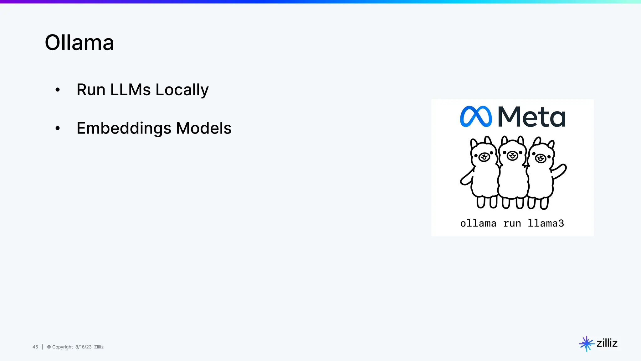 45 | © Copyright 8/16/23 Zilliz
45 | © Copyright 8/16/23 Zilliz
Ollama
• Run LLMs Locally
• Embeddings Models
 