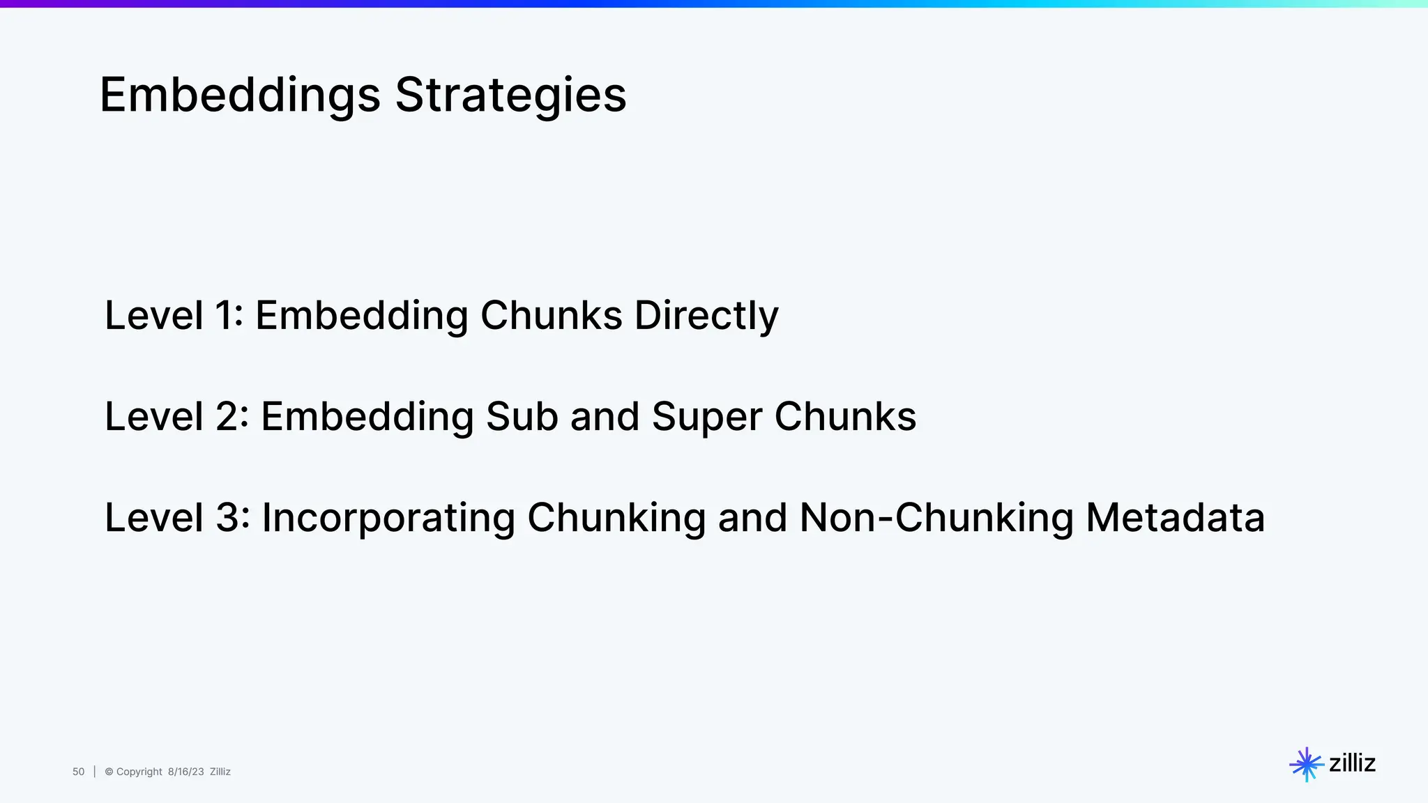 50 | © Copyright 8/16/23 Zilliz
50 | © Copyright 8/16/23 Zilliz
Embeddings Strategies
Level 1: Embedding Chunks Directly
Level 2: Embedding Sub and Super Chunks
Level 3: Incorporating Chunking and Non-Chunking Metadata
 