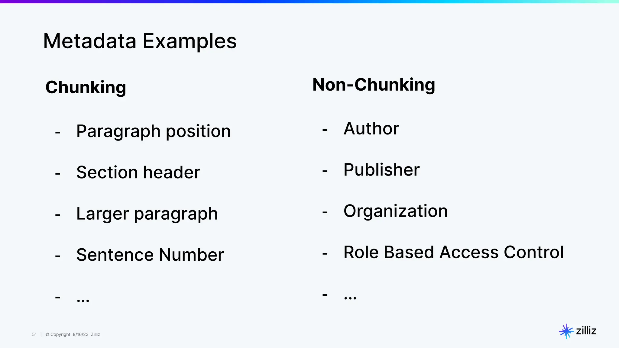 51 | © Copyright 8/16/23 Zilliz
51 | © Copyright 8/16/23 Zilliz
Metadata Examples
Chunking
- Paragraph position
- Section header
- Larger paragraph
- Sentence Number
- …
Non-Chunking
- Author
- Publisher
- Organization
- Role Based Access Control
- …
 
