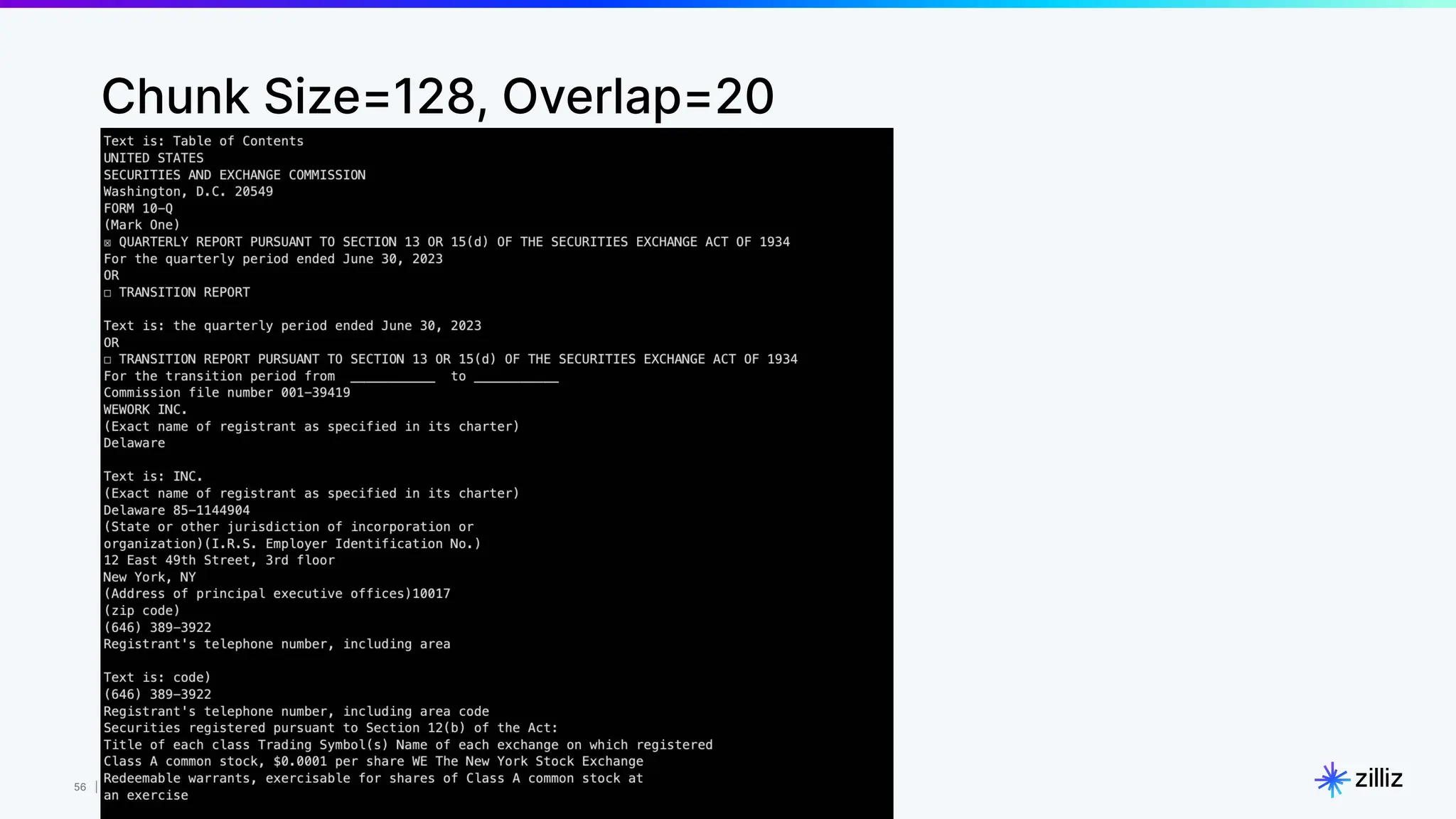 56 | © Copyright 8/16/23 Zilliz
56 | © Copyright 8/16/23 Zilliz
Chunk Size=128, Overlap=20
 