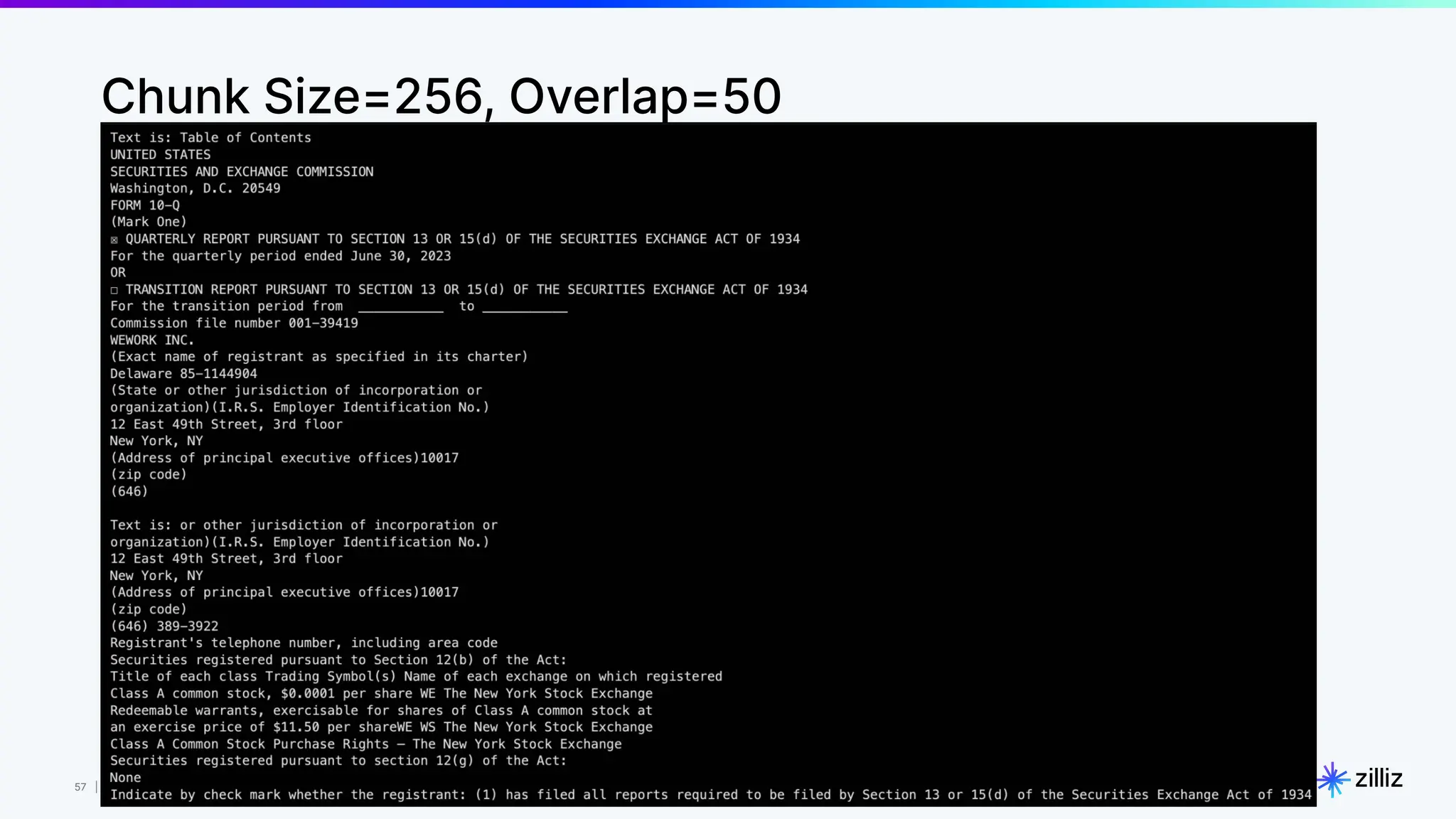 57 | © Copyright 8/16/23 Zilliz
57 | © Copyright 8/16/23 Zilliz
Chunk Size=256, Overlap=50
 