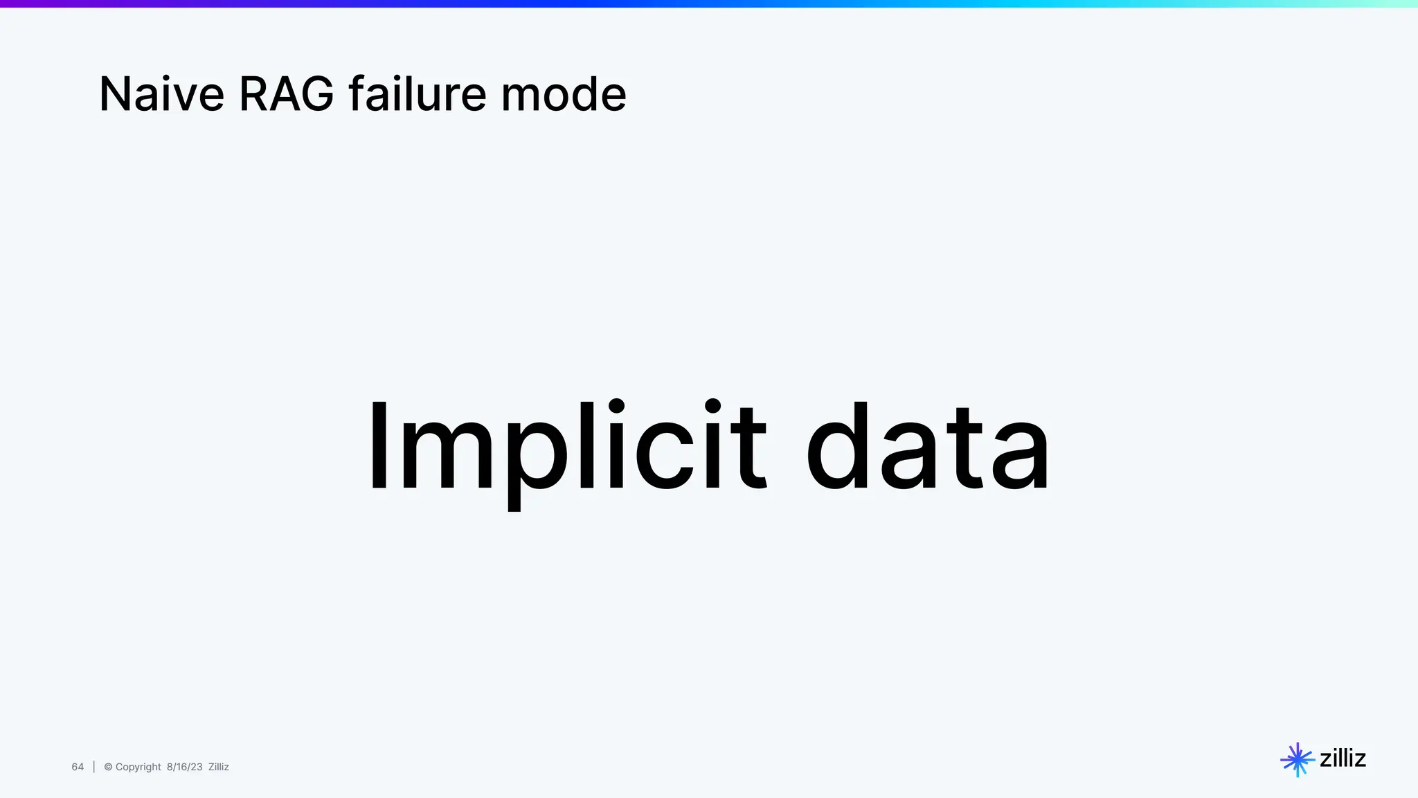 64 | © Copyright 8/16/23 Zilliz
64 | © Copyright 8/16/23 Zilliz
Naive RAG failure mode
Implicit data
 