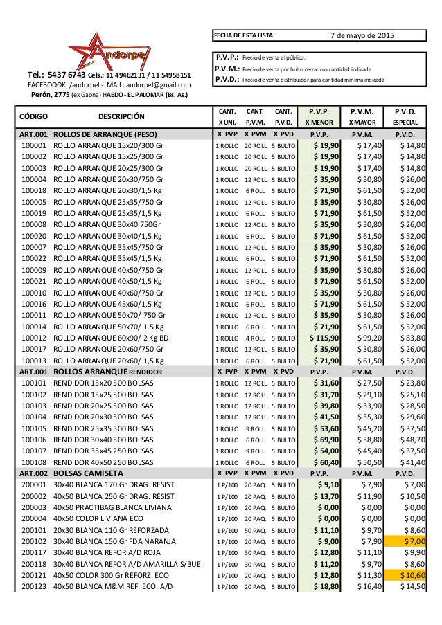 LISTA DE PRECIOS 070515
