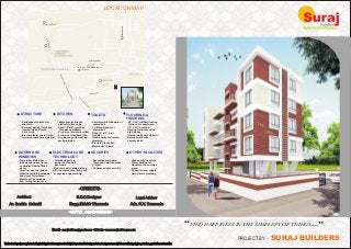 FIND HAPPINESS IN THE SIMPLEST OF THINGS...
PROPOSED PLAN FOR RESIDENTIAL
BUILDING AT SR. NO. 44/1/2/6 KONDHWA KHURD, PUNE.
LOCATION MAP
“
“
FLOORING &
FINISHING
- 24” X 24” vitrified flooring
in the entire apartment.
- 16” X 16” Anti-skid
flooring for terraces and
dry balcony.
- Internal walls with oil bond
- Exterior walls with
cement paint.
DOORS AND
WINDOWS
- Decorative Main door
- Laminated internal flush
.
- Premium door hardware.
- Aluminum sliding windows
and doors for terraces.
- Marble sill for windows.
- M.S. railing for terraces.
with wooden door frame.
doors
ELECTRICAL AND
TECHNOLOGY
- Telephone point in
living room and all
bedrooms.
- Modular switch plates- along
with concealed pipe fitting and
concealed copper wiring.
SECURITY
- Decorative main gate.
- Compound wall for entire
project .
- 24 hours private security.
PROJECT BY - SURAJ BUILDERS
CONTACTS - 91-9850710880 / 9822338474
MARKETYARD
-KONDHWAROAD
AAIMATAMANDIR
Shree Vasupujya S
wami Jain Temple
Trust
KATRAJ-
ROAD
KONDHWA
GANGA DHAM SHOWK
KAKDE WASTI
KUMAR PRUTHVI
KONDHWAROAD
KUMAR PRUTHVI
STRUCTURE
- Earthquake resistant rcc
structure.
- External walls 6” thick and
internal walls 4” thick
brick work.
- Internal plaster neeru finish
& external sand faced plaster
KITCHEN
- Black granite kitchen
platform with ss sink.
- Dado 18”x12” joint free
tiles above platform.
- Provision for water purifier.
- Provision for exhaust fan.
- Dry balcony with washing
area provision.
TOILETS
- Sanitary ware Hindware or
equivalent.
- Cp fittings jaquar or
.
- Dado 18”x12” joint
free .
- Good quality concealed
plumbing.
- Provision for boiler.
- Marble door frame.
equivalent
tiles
OTHER FACILITIES
- High quality elevators.
- Power backup for
elevators and common
areas.
- 24 hours water supply.
- Rain water harvesting.
 