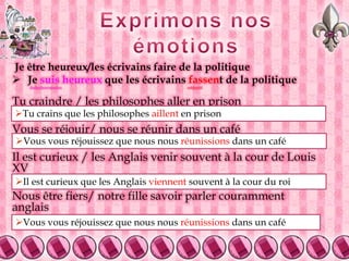 Il est naturel que nousvoulionsun monde meilleur.Les déclencheurs (1)Les émotions1	Etre + adjectifJe suis tristeque vous  ne compreniez pas le subjonctifExpressions impersonnellesIl est surprenant quevouscompreniez le subjonctifVerbesJeme réjouis que vous compreniez le subjonctif