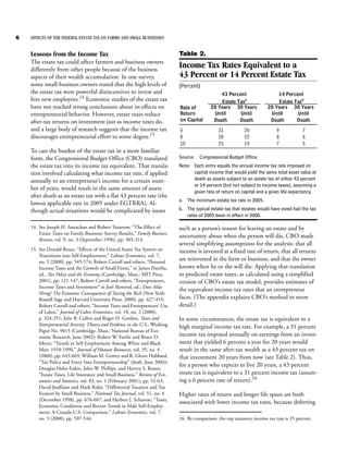 6   EFFECTS OF THE FEDERAL ESTATE TAX ON FARMS AND SMALL BUSINESSES


    Lessons from the Income Tax                                              Table 2.
    The estate tax could affect farmers and business owners
    differently from other people because of the business
                                                                             Income Tax Rates Equivalent to a
    aspects of their wealth accumulation. In one survey,                     43 Percent or 14 Percent Estate Tax
    some small-business owners stated that the high levels of                (Percent)
    the estate tax were powerful disincentives to invest and                                    43 Percent                   14 Percent
    hire new employees.14 Economic studies of the estate tax                                    Estate Taxa                  Estate Taxb
    have not reached strong conclusions about its effects on                 Rate of        20 Years 30 Years            20 Years 30 Years
    entrepreneurial behavior. However, estate taxes reduce                   Return          Until      Until             Until      Until
    after-tax returns on investment just as income taxes do,                 on Capital      Death      Death             Death      Death
    and a large body of research suggests that the income tax                6                  31           26               9            7
    discourages entrepreneurial effort to some degree.15                     8                  28           22               8            6
                                                                             10                 25           19               7            5
    To cast the burden of the estate tax in a more familiar
    form, the Congressional Budget Office (CBO) translated                   Source: Congressional Budget Office.
    the estate tax into its income tax equivalent. That transla-             Note: Each entry equals the annual income tax rate imposed on
    tion involved calculating what income tax rate, if applied                     capital income that would yield the same total asset value at
    annually to an entrepreneur’s income for a certain num-                        death as assets subject to an estate tax of either 43 percent
                                                                                   or 14 percent (but not subject to income taxes), assuming a
    ber of years, would result in the same amount of assets
                                                                                   given rate of return on capital and a given life expectancy.
    after death as an estate tax with a flat 43 percent rate (the
                                                                             a. The minimum estate tax rate in 2005.
    lowest applicable rate in 2005 under EGTRRA). Al-
    though actual situations would be complicated by issues                  b. The typical estate tax that estates would have owed had the tax
                                                                                rates of 2005 been in effect in 2000.

    14. See Joseph H. Astrachan and Robert Tutterow, “The Effect of          such as a person’s reason for leaving an estate and by
        Estate Taxes on Family Business: Survey Results,” Family Business
                                                                             uncertainty about when the person will die, CBO made
        Review, vol. 9, no. 3 (September 1996), pp. 303-314.
                                                                             several simplifying assumptions for the analysis: that all
    15. See Donald Bruce, “Effects of the United States Tax System on        income is invested at a fixed rate of return, that all returns
        Transitions into Self-Employment,” Labour Economics, vol. 7,
        no. 5 (2000), pp. 545-574; Robert Carroll and others, “Personal
                                                                             are reinvested in the farm or business, and that the owner
        Income Taxes and the Growth of Small Firms,” in James Poterba,       knows when he or she will die. Applying that translation
        ed., Tax Policy and the Economy (Cambridge, Mass.: MIT Press,        to predicted estate taxes, as calculated using a simplified
        2001), pp. 121-147; Robert Carroll and others, “Entrepreneurs,       version of CBO’s estate tax model, provides estimates of
        Income Taxes and Investment” in Joel Slemrod, ed., Does Atlas
                                                                             the equivalent income tax rates that an entrepreneur
        Shrug? The Economic Consequences of Taxing the Rich (New York:
        Russell Sage and Harvard University Press, 2000), pp. 427-455;       faces. (The appendix explains CBO’s method in more
        Robert Carroll and others, “Income Taxes and Entrepreneurs’ Use      detail.)
        of Labor,” Journal of Labor Economics, vol. 18, no. 2 (2000),
        p. 324-351; Julie B. Cullen and Roger H. Gordon, Taxes and           In some circumstances, the estate tax is equivalent to a
        Entrepreneurial Activity: Theory and Evidence in the U.S., Working   high marginal income tax rate. For example, a 31 percent
        Paper No. 9015 (Cambridge, Mass.: National Bureau of Eco-
        nomic Research, June 2002); Robert W. Fairlie and Bruce D.           income tax imposed annually on earnings from an invest-
        Meyer, “Trends in Self-Employment Among White and Black              ment that yielded 6 percent a year for 20 years would
        Men: 1910-1990,” Journal of Human Resources, vol. 35, no. 4          result in the same after-tax wealth as a 43 percent tax on
        (2000), pp. 643-669; William M. Gentry and R. Glenn Hubbard,         that investment 20 years from now (see Table 2). Thus,
        “Tax Policy and Entry Into Entrepreneurship” (draft, June 2004);
                                                                             for a person who expects to live 20 years, a 43 percent
        Douglas Holtz-Eakin, John W. Phillips, and Harvey S. Rosen,
        “Estate Taxes, Life Insurance and Small Business,” Review of Eco-    estate tax is equivalent to a 31 percent income tax (assum-
        nomics and Statistics, vol. 83, no. 1 (February 2001), pp. 52-63;    ing a 6 percent rate of return).16
        David Joulfaian and Mark Rider, “Differential Taxation and Tax
        Evasion by Small Business,” National Tax Journal, vol. 51, no. 4     Higher rates of return and longer life spans are both
        (December 1998), pp. 676-687; and Herbert J. Schuetze, “Taxes,
                                                                             associated with lower income tax rates, because deferring
        Economic Conditions and Recent Trends in Male Self-Employ-
        ment: A Canada-U.S. Comparison,” Labour Economics, vol. 7,
        no. 5 (2000), pp. 507-544.                                           16. By comparison, the top statutory income tax rate is 35 percent.
 