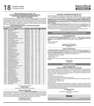 EDITAL DE CONVOCAÇÃO
A Prefeitura Municipal de Guarujá, convoca a Sra. MARIA LOPES BARREIRO, portadora da Cédu-
la de Identidade nº. 15.952.967-0, ou o representante com procuração, para que no prazo de 20
(vinte) dias corridos, a contar da data desta publicação, compareça junto a Diretoria de Gestão de
Pessoas, sito no Paço RaphaelVitiello - 2º andar – sala 65, no horário das 12:00 horas às 16:00 horas,
com Sr. João Edson, a fim de tratar de assunto referente ao processo 01457/18/2013.
Guarujá, 06 de Agosto de 2013
Diego Bezerra Pereira
Diretoria de Gestão de Pessoas
ESTAGIÁRIOS: COMPROVAÇÃO DE MATRÍCULA 2013
Algumas informações importantes para os estagiários em atividade na PMG:
1. Para os estagiários que continuarão com contrato ativo, conforme o Artigo 3º - item 1 e Artigo
9º - item 6, da Lei 11.788 de 25/09/2008, e Cláusula 5º do Contrato de Estágio, deverão apresentar
declaração de matrícula que comprove a regularidade de sua situação acadêmica para o 2º
Semestre de 2013. O prazo de entrega é até o dia 16 de agosto de 2013 na sala 33 (térreo) do
paço RaphaelVitiello nos seguintes horários: 2ª, 3ª, 5ª e 6ª feiras, das 12 às 16 horas e 4ª feira,
das 9 às 13 horas.
2. Os que não comprovarem a matrícula em 2013, nos respectivos cursos constantes do Contra-
to de Estágio, terão seu contrato rescindido considerando-se a data de 31 de julho 2013. Aler-
tamos aos supervisores de estágio das diversas Secretarias, orientarem seus estagiários e, para
aqueles já em recesso, entrarem em contato para alertar deste comunicado.
3. Nas declarações de matrícula deverá constar a matrícula efetivada no 2º semestre de 2013.
Secretaria Municipal de Administração
desenvolvimento e assistência social
EDITAL DE CONVOCAÇÃO
O Conselho Municipal da Pessoa com Deficiência Convoca os membros titulares e suplentes
deste conselho para a Assembléia Ordinária que será realizada no dia 08 de Agosto de 2013 às
09:30min, na Rua Montenegro - Nº 455, Casa dos Conselhos – Centro, Guarujá.
Pauta:
• Leitura da Ata anterior;
• Assuntos gerais:
Guarujá, 05 de Agosto de 2013.
Maria Angélica de Araújo Cruz
Presidente
EDITAL DE CONVOCAÇÃO
O Conselho Municipal de Juventude, criado pela Lei Municipal 3995/2012, vem, através de seu
presidente, convocar os respectivos membros titulares e suplentes para Reunião Ordinária a ser
realizada dia 08 de agosto de 2013, às 14 horas nas dependências do Estação Juventude, situado
à Alameda Duartina s/n, Vila Áurea, para a discussão da seguinte pauta:
- Apresentação do PPA da Juventude;
- Semana da Juventude;
- Assuntos gerais.
Aqueles que não puderem comparecer devem justifcar sua ausência ao Secretário Geral deste
conselho.
Jonathan Mello
Presidente
meio ambiente
EDITAL DE CONVOCAÇÃO
35ª Reunião Ordinária do FÓRUM-21 DE GUARUJÁ/SP
A Secretaria Executiva convoca os membros do Fórum Permanente da Agenda 21 de Guarujá para
sua 35ª Reunião Ordinária, que será realizada no dia 12 de Agosto de 2013, na DOW Química do
Brasil - Eco Pólis, Guarujá, Av. Santos Dumont, 4444 – Jd. Conceiçãozinha (V Carvalho) às 14 horas-
primeira chamada e 14h30 segunda chamada, seguindo as orientações de seu Regimento Interno,
em que se cumprirá a seguinte ordem do dia:
1) Abertura;
2) Informes da Secretaria Executiva:
3) Leitura de pauta, da Ata da 34ª reunião e sua aprovação;
4) Devolutiva de Participação: - Conferência Municipal de Meio Ambiente, Conferência da Cultura
e Conferência de Assistência Social.
5) Plano Plurianual - 2014/2017 - PPA
6) Assuntos gerais.
Obs.: Deveremos apresentar á empresa, previamente, uma lista com a relação de todos os nomes
dos participantes da reunião para o controle de acesso á área interna. Sendo assim, aqueles que não
fazem parte do grupo de membros representantes das entidades que compõe o Fórum da Agenda
21, e que pretendem participar da reunião, devem enviar nome completo e fone de contato, até dia
08/08 para o email: ag21guaruja@gmail.com
Lucia Helena da Silva
Presidente
Secretaria Executiva do Fórum da Agenda 21
2013-2014
PREFEITURA MUNICIPAL DE GUARUJÁ – PMG
PROCESSO SELETIVO PARA PROVIMENTO DE VAGAS, COM PROVA,
PROVA PRÁTICA E FORMAÇÃO DE CADASTRO RESERVA
EDITAL 001/2013 – SESAU SAMU
A PREFEITURA MUNICIPAL DE GUARUJÁ – PMG, através da Secretaria Municipal de Saúde – SESAU,
no uso de suas atribuições legais, torna público as NOTAS DAS PROVAS PRÁTICAS e a CLASSIFICA-
ÇÃO PRELIMINAR da função de Condutores deVeículos de Urgência do Processo Seletivo para Pro-
vimento de Vagas, com prova, prova prática e formação de cadastro reserva, nos termos do Edital
001/2013 – SESAU SAMU. Os candidatos que tiveram suas notas empatadas foram classificados
pelos critérios de desempate, previstos no Edital.
NOTAS DAS PROVAS PRÁTICAS e CLASSIFICAÇÃO PRELIMINAR
004 - Condutor de Veículos de Urgência
INSCRIÇÃO NOME DOCUMENTO OBJETIVA PRÁTICA
NOTA
FINAL
CLASSIFICAÇÃO
000014 ITAMAR DE SOUSA PIRES 00000013879094 82,00 8,00 90,00 1
000114 GILSON FARIAS 00000018937281 80,00 10,00 90,00 2
000094 LOUISE CRUZ PONTES DE OLIVEIRA 00000437661143 80,00 10,00 90,00 3
001435 RAFAEL GUEDES DA SILVA 00000486619709 86,00 2,33 88,33 4
000025 EDINALDO JOSE DA SILVA 00000271077591 78,00 9,33 87,33 5
001597 RICARDO SALVADOR VALENTE 00000411431766 78,00 9,33 87,33 6
002003 VINICIUS YOSHINORI NAKAMURA 00000275585694 76,00 10,00 86,00 7
001134 CLEBSON SANTOS DA ROCHA 00000408875914 78,00 7,70 85,70 8
000653 ANDERSON DONIZETE FELICIANO DOS SANTOS 0000023596556X 76,00 8,70 84,70 9
000464 JULIO CEZAR CLARO 00000242692941 74,00 10,00 84,00 10
000189 MARCELO APARECIDO PEGORARO 00000165890769 74,00 10,00 84,00 11
000266 SILVIO CESAR FIGUEIRA DIAS 0000019220841X 74,00 10,00 84,00 12
001121 NELSON MAXIMINIANO SANTOS DO NASCIMENTO 00000217850261 74,00 9,83 83,83 13
000015 GABRIEL DE ANDRADE SANTANA 00000270045697 74,00 9,70 83,70 14
000307 WILSON ROBERTO TRIGO 0000022681919X 72,00 10,00 82,00 15
000084 MOISES DOS SANTOS FILHO 00000425549598 74,00 8,00 82,00 16
000128 PLATINI DOS SANTOS VIEIRA 0000041553379X 72,00 9,83 81,83 17
000937 CELSO TADDEO 00000015743214 72,00 9,50 81,50 18
001525 GILVAN MARCUS DE SOUZA 0000020474796X 70,00 10,00 80,00 19
001641 ADRIANO AGUIAR DOS SANTOS 00000270323065 70,00 10,00 80,00 20
000100 RICARDO SILVA DOS SANTOS 00000267376261 72,00 8,00 80,00 21
000093 JOAO CARLOS DA CRUZ 00000073379347 72,00 8,00 80,00 22
030011 FABIANO ROBERTO ALVES DE ARAUJO 00000329977441 72,00 7,70 79,70 23
001505 JOSE DIOGENES DA SILVA JUNIOR 00000331705813 72,00 7,00 79,00 24
001230 JOAO ALBERTO FRANCA GALLUZZI 00000014751754 70,00 9,00 79,00 25
000720 MARCOS FERNANDES SILVA 00000128642439 68,00 9,70 77,70 26
000410 LUIS LIONEL LINHARES VARELA 00000019655167 68,00 9,70 77,70 27
000244 ELI MENDES DA SILVA 0000033352858X 68,00 9,70 77,70 28
000714 MARCIO SERGIO CARVALHO RAPOSO 00000188100325 68,00 9,00 77,00 29
000549 ANDRE SOARES DE OLIVEIRA 00000302120671 66,00 10,00 76,00 30
001255 MARCOS ROGERIO PERUZZERTO 00000018938119 66,00 9,70 75,70 31
000916 JULIO CEZAR DE JESUS GUALBERTO 00000290536777 66,00 9,33 75,33 32
002073 ADRIANO CELSO DE CARVALHO 0000279991779X 66,00 9,33 75,33 33
000443 CLAUDIO JOSE DOS SANTOS 00000342500077 70,00 5,00 75,00 34
001266 MARCO AURELIO ALONSO DE REZENDE JUNIOR 00000215271841 70,00 5,00 75,00 35
000627 ROMAO TADEU AMANCIO 00000204615963 66,00 8,33 74,33 36
001969 CHRISTOPHER DE OLIVEIRA BORGES 00000227770900 64,00 10,00 74,00 37
000575 LUIS BARBOSA LOPES 00000527083379 64,00 9,50 73,50 38
001459 GILBERTO GARCIA JUNIOR 00000450757420 64,00 9,00 73,00 39
001211 RAFAEL JARDIM VELASCO 00000219367127 62,00 10,00 72,00 40
001401 ALBERTO PERREIRA DA CRUZ 00000173026357 62,00 9,83 71,83 41
001938 ADEILTON DIAS DA SILVA 00000300190074 62,00 8,67 70,67 42
002191 ANTONIO APARECIDO BONACHINI 00000242089707 66,00 4,00 70,00 43
000691 WILLIAN FELIZARDO PINTO 00000334958131 60,00 10,00 70,00 44
001141 RODNEY DA SILVA BRAGA 00000204600418 62,00 8,00 70,00 45
002091 MARCIEL DE SOUZA BATALHA 0000025980888X 60,00 10,00 70,00 46
000812 PATRICK EDUARDO FERNANDES 00000328073283 60,00 9,70 69,70 47
000579 MARCELO DE CAMARGO NUNES 00000246815449 62,00 7,70 69,70 48
000292 SANDRO ROBERTO DE OLIVEIRA CUNHA 00000212508118 60,00 9,33 69,33 49
001073 NIVALDO CARLOS DE ALMEIDA 00000147564396 60,00 7,33 67,33 50
000179 ELISAMA ADALGISA DA SILVA 00000208248626 62,00 3,00 65,00 51
001494 AILTON MASSAO 00000240875680 60,00 3,33 63,33 52
Guarujá, 07 de agosto de 2013.
Waldyr Tamburús
Presidente da Comissão do Processo Seletivo
Acesse
www.guaruja.sp.gov.br
quarta-feira
7 de agosto de 2013
18 GUARUJÁ
Diário Oficial
 