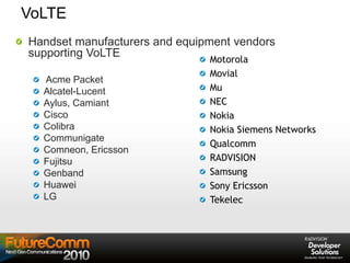 VoLTE
Handset manufacturers and equipment vendors
supporting VoLTE
Acme Packet
Alcatel-Lucent
Aylus, Camiant
Cisco
Colibra
Communigate
Comneon, Ericsson
Fujitsu
Genband
Huawei
LG
Motorola
Movial
Mu
NEC
Nokia
Nokia Siemens Networks
Qualcomm
RADVISION
Samsung
Sony Ericsson
Tekelec
 