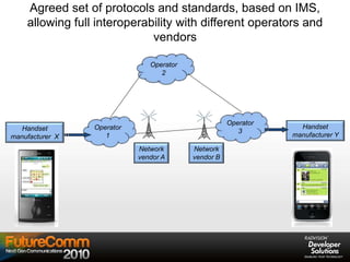 Agreed set of protocols and standards, based on IMS,
allowing full interoperability with different operators and
vendors
Network
vendor B
Operator
2
Operator
1
Operator
3Handset
manufacturer X
Handset
manufacturer Y
Network
vendor A
 