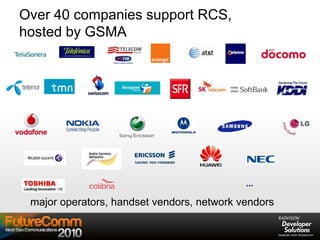 Over 40 companies support RCS,
hosted by GSMA
major operators, handset vendors, network vendors
…
 