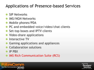 Applications of Presence-based Services
SIP Networks
IMS/NGN Networks
Mobile phones/PDA
PC and embedded voice/video/chat clients
Set-top boxes and IPTV clients
Video-share applications
Interactive TV
Gaming applications and appliances
Collaboration solutions
IP PBX
IMS Rich Communication Suite (RCS)
 
